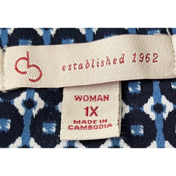 EST. 1962 3/4 ROLL TAB SLEEVE V-NECK BLOUSE, WOMEN-1X-BRIGHT & NAVY BLUE & WHITE - Picture 9 of 11